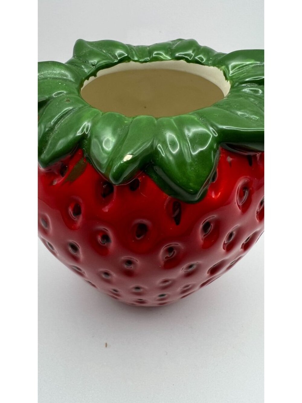 Strawberry Shaped Ceramic Vase Hand-Painted Red & Green Whimsical Fruit-Inspired - Picture 4 of 5